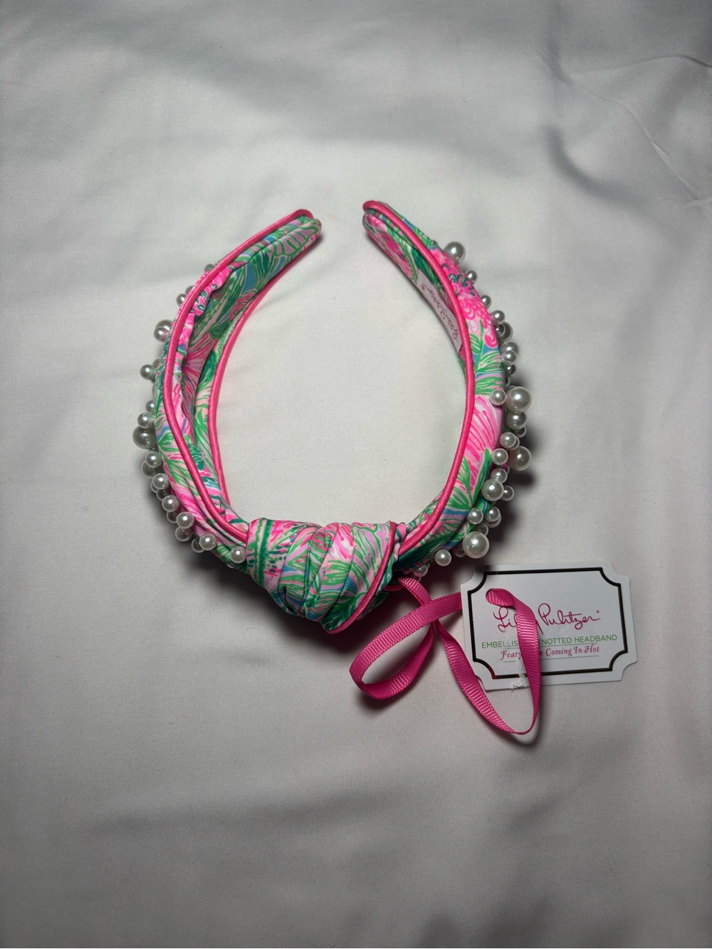 NWT Lilly Pulitzer Blue Horizon “Coming In Hot” Embellished Pearl Knot Headband - Picture 8 of 10